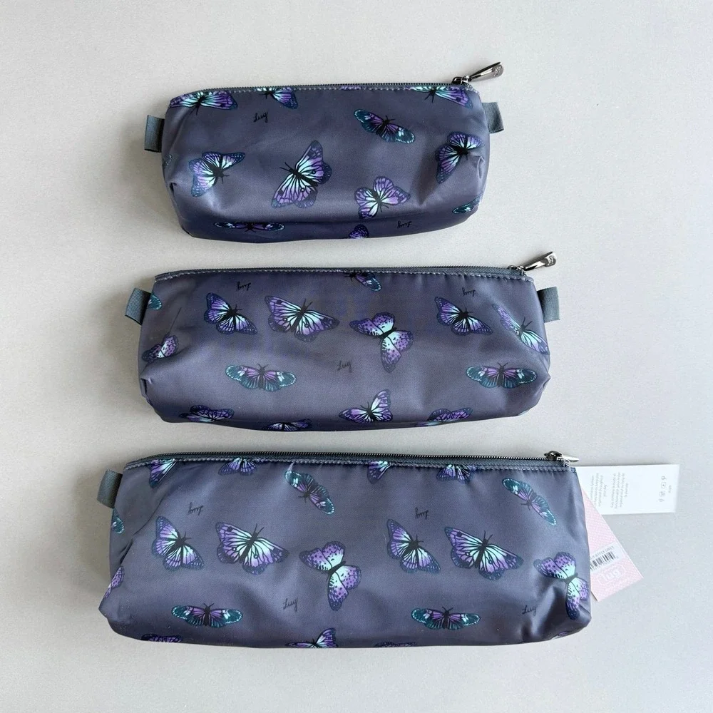 NWT Lug Schooner Butterfly Grey 3-Piece Cosmetic Makeup Travel Pouch Storage Set